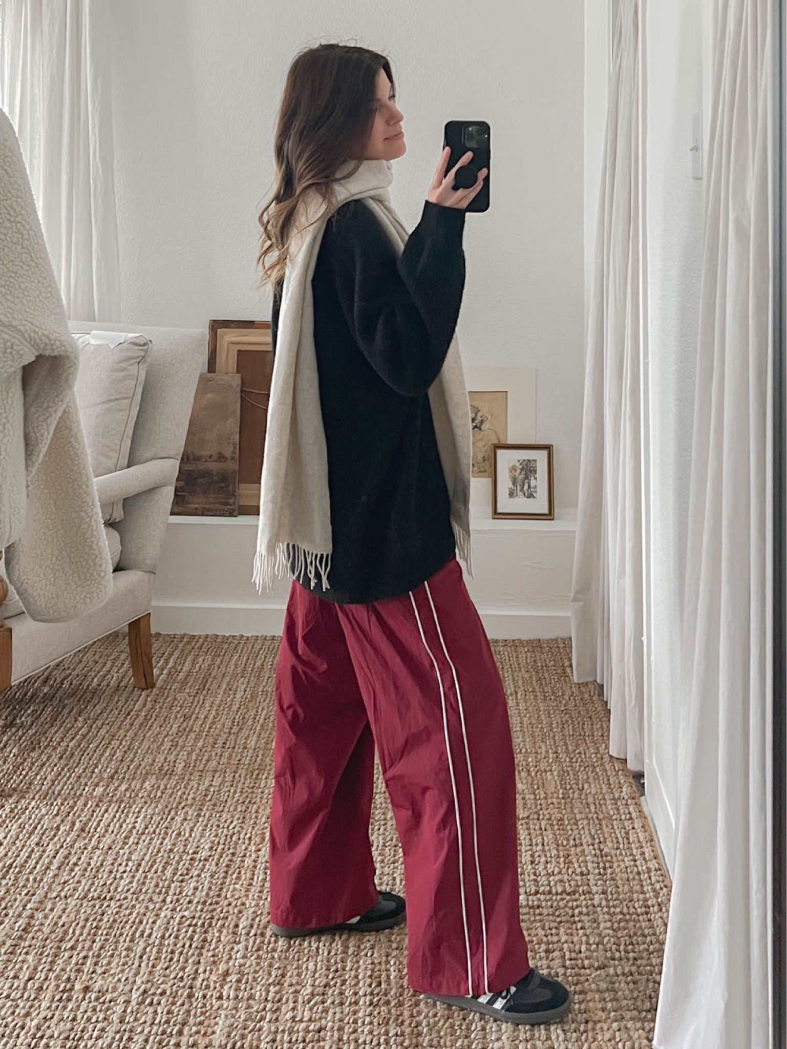 Make it sporty but cozy. Wearing Target track pants with a Jenni Kayne cardigan, Aritzia scarf, and Adidas Sambas.

#LTKU #LTKFindsUnder100 #LTKStyleTip