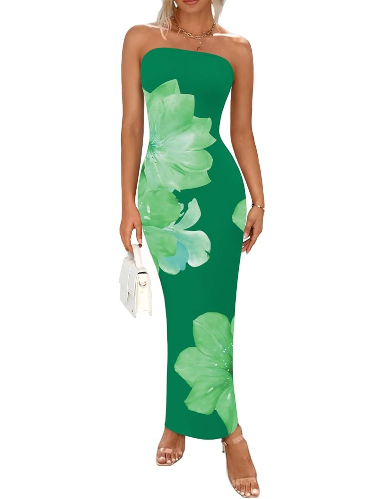 PRETTYGARDEN Women Summer Strapless Maxi Dress Bodycon Floral Sexy Long Wedding Guest Dress Forma... | Amazon (US)