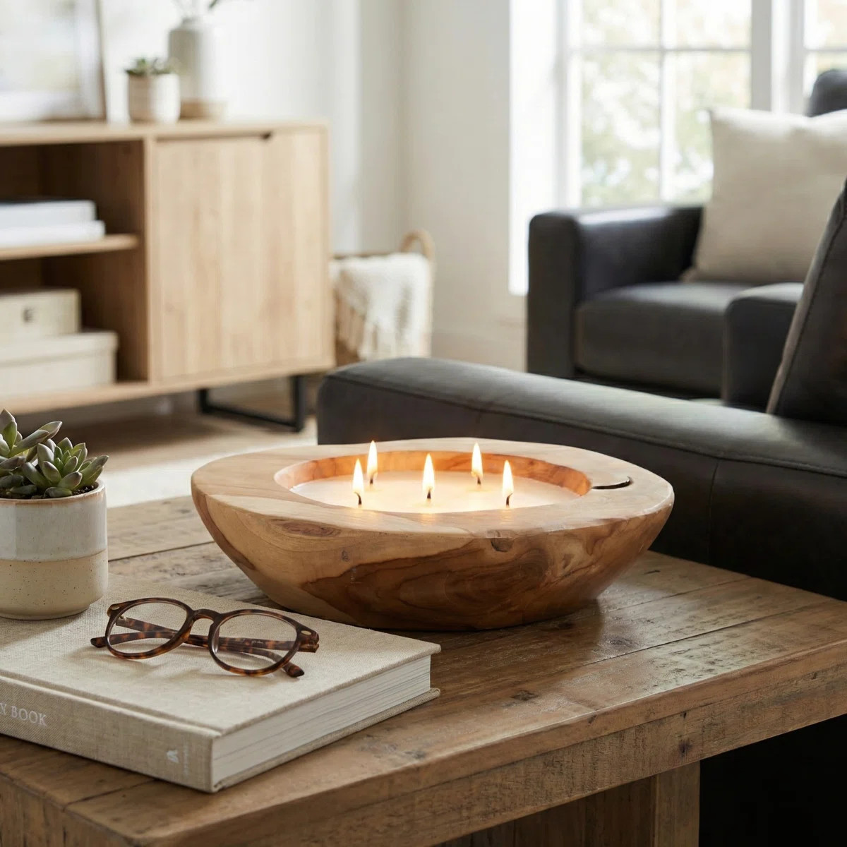 Jeimi Decorative Round Teak Wood Scented Candles Candle For Living Room - Modern Decor For Bedroo... | Wayfair North America
