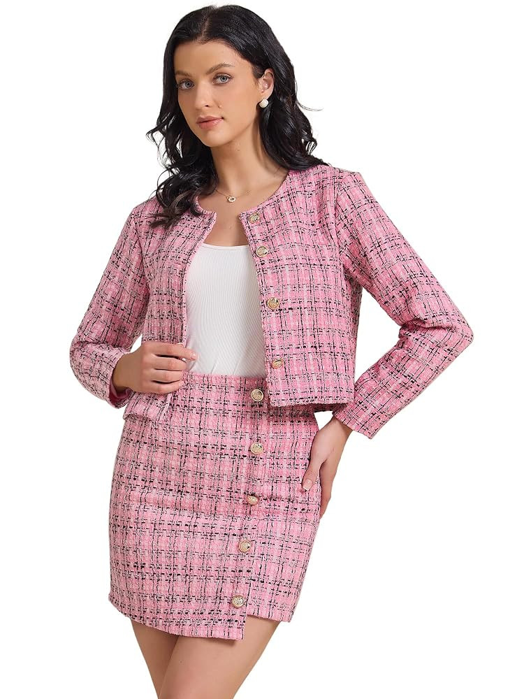 Allegra K Women's 2 Piece Skirt Set Plaid Tweed Blazer Button Down Long Sleeve Jacket Mini Skirt ... | Amazon (US)