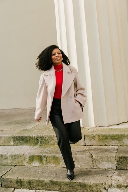 Early Spring Outfit: white coat, red jumper and faux leather trousers 

#LTKover40 #LTKSeasonal #LTKeurope