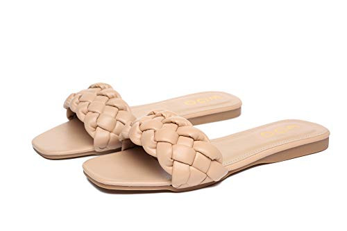 HAPUSS Womens Flat Slide Sandals,braided sandals for women,Square Open Toe Slippers Cute Slip On Summer Fashion Shoes Casual beige size 7 | Amazon (US)