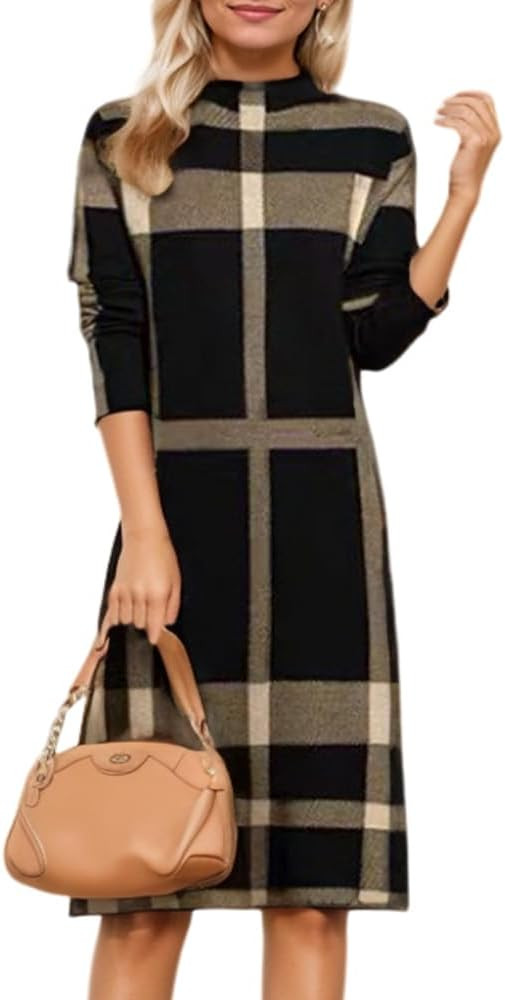 Womens Plaid Splicing Mock Neck Knit Sweater Dress Winter Long Sleeve Knee Length Tunic A-line Mi... | Amazon (US)