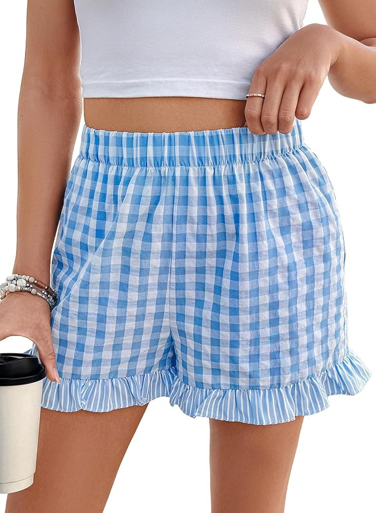 EVALESS Boxer Shorts for Women Plaid Pajama Ruffle Shorts Fashion 2026 Summer Beach Bottoms Loung... | Amazon (US)