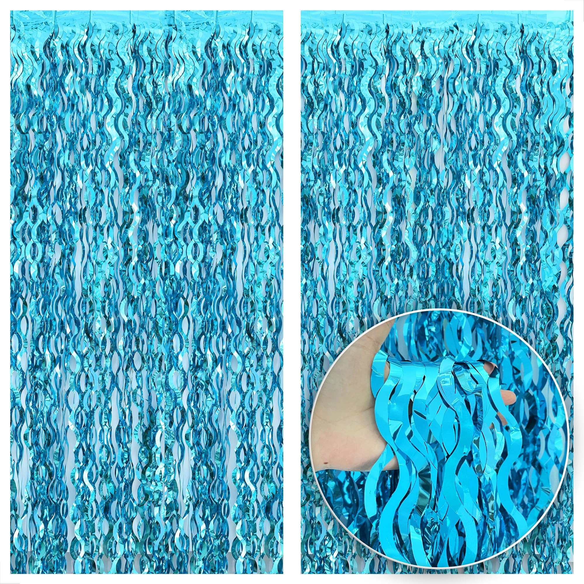 KatchOn, XtraLarge, Wavy Blue Foil Fringe Curtain - 3.2x6.5 Feet, Pack of 2 | Blue Water Beach Ba... | Amazon (US)