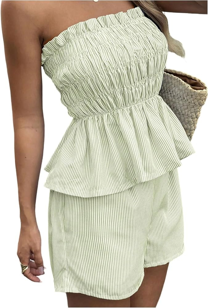 SweatyRocks Women's 2 Piece Vacation Outfits Striped Ruffle Hem Tube Top and Shorts Set Summer | Amazon (US)