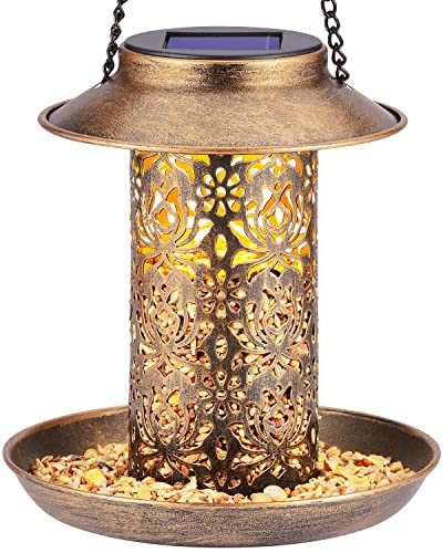 SWEETFULL Solar Bird Feeder for Outdoors Hanging, Metal Wild Bird Feeder for Cardinals Solar Garden Lantern with S Hook as Gift for Bird Lovers (2LBs Heavy Duty birdfeeders) | Amazon (US)
