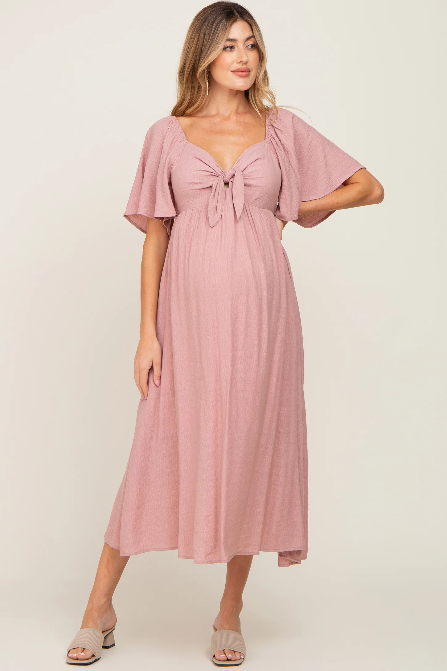 Mauve Front Tie Ruffle Sleeve Maternity Midi Dress | PinkBlush Maternity