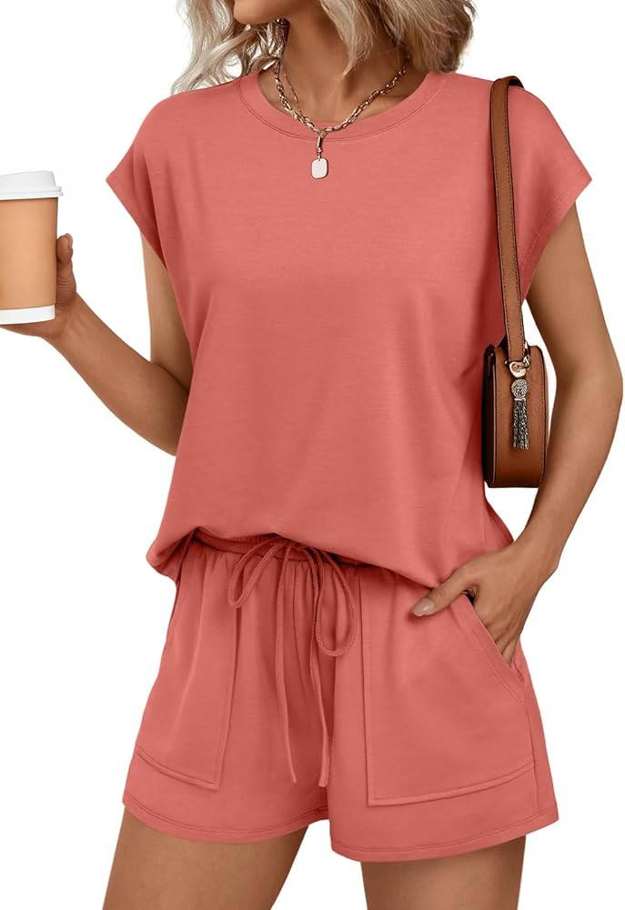 AUTOMET Womens Crew Neck Two Piece Short Sets Cap Sleeve Drawstring Summer Sweatsuit with Pocket | Amazon (US)