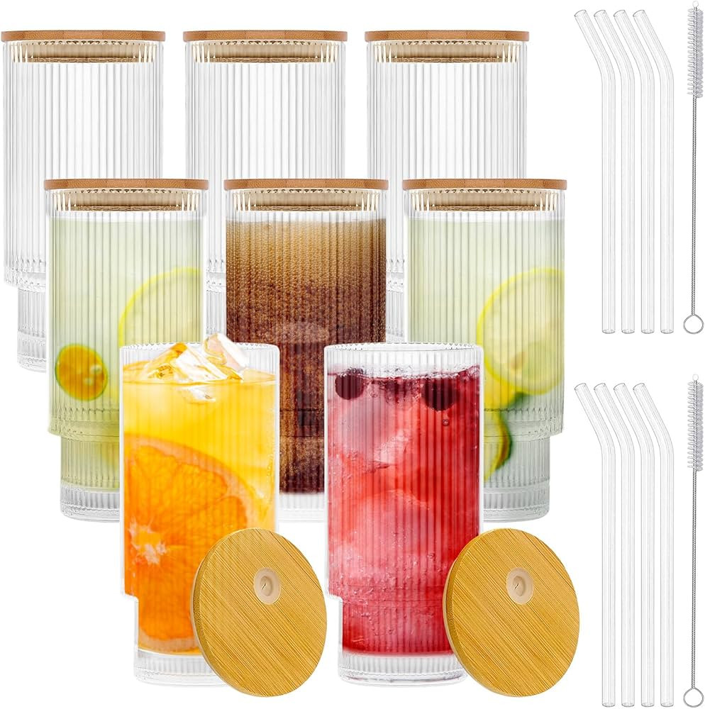 Dmyangs Ribbed Glass Cups with Bamboo Lids and Straws 16oz, Vintage Fluted Glassware Iced Coffee ... | Amazon (US)