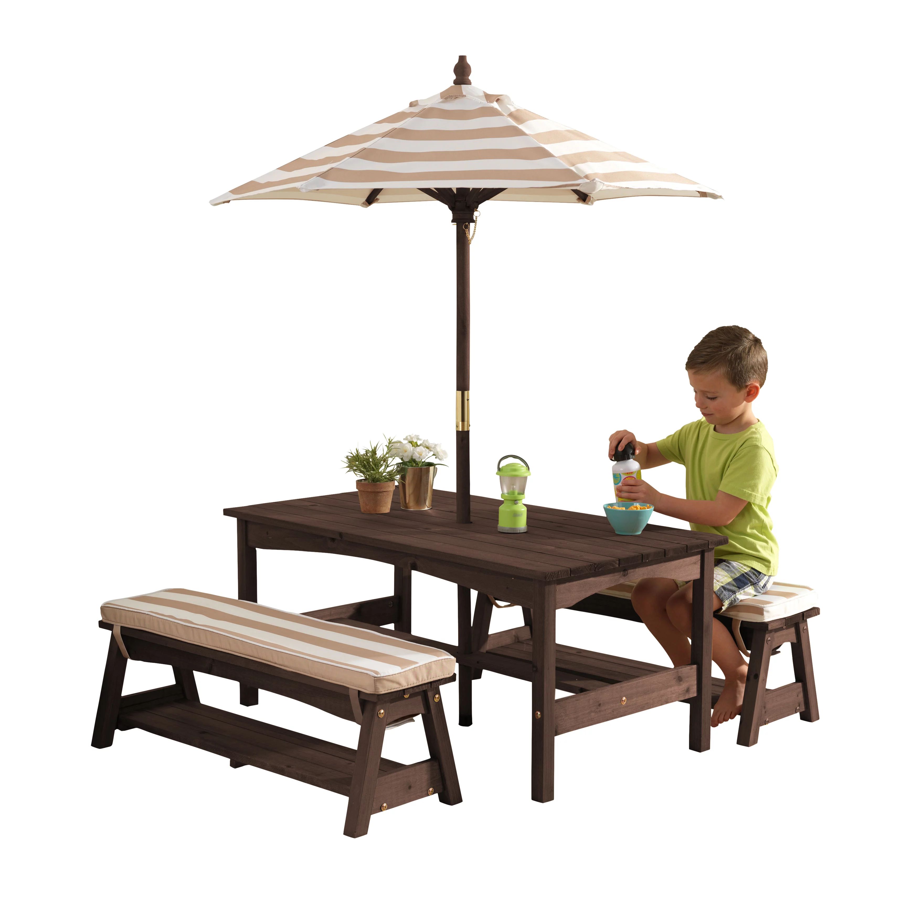 KidKraft Outdoor Table & Bench Set with Cushions & Umbrella - Oatmeal & White Stripes - Walmart.c... | Walmart (US)