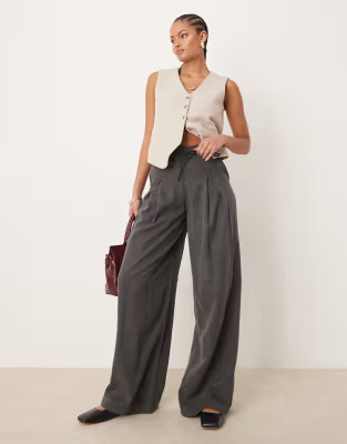 ASOS DESIGN Tall pleated wide leg trouser with tie in grey | ASOS | ASOS (Global)