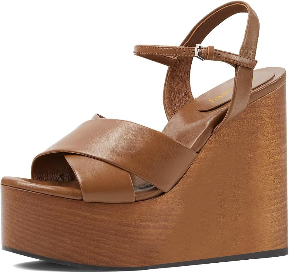 Women Chic Open Toe Strappy Platform Sandals Ankle Strap Buckle Cork Wedge High Heels Casual Part... | Amazon (US)