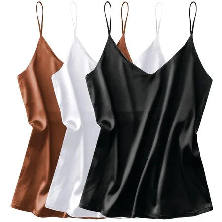 Ekouaer 3 Pack: Womens Silk Satin Tank Top V Neck Camisole Cami Spaghetti Strap Top Loose Sleeveless Blouses Tank Shirt | Walmart (US)
