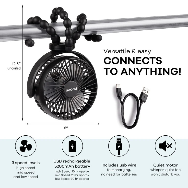 Hoovy Portable & Rechargeable Stroller Fan with Flexible Tripod Legs, Black | Walmart (US)