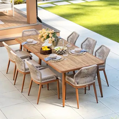PURPLE LEAF Patio dining set 9 -Piece Deep Teak Rattan Patio Dining Set Extendable Table Aluminum... | Lowe's