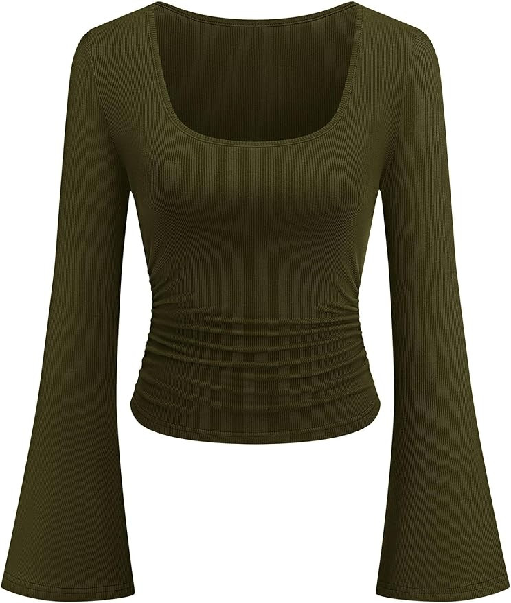PRETTYGARDEN Womens Bell Long Sleeve Shirts Going Out Tops | Soft Stretchy Ribbed Knit, Square Ne... | Amazon (US)