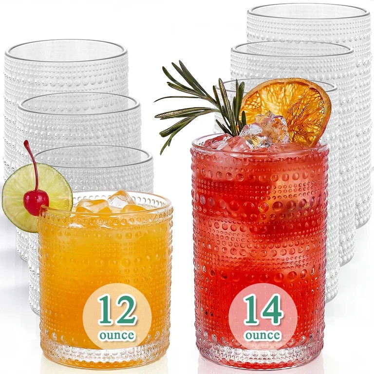 GPED 14 oz Vintage Hobnail Drinking Glasses and 12 oz Hobnail Glass Cups Set of 8, Embossed Water... | Walmart (US)
