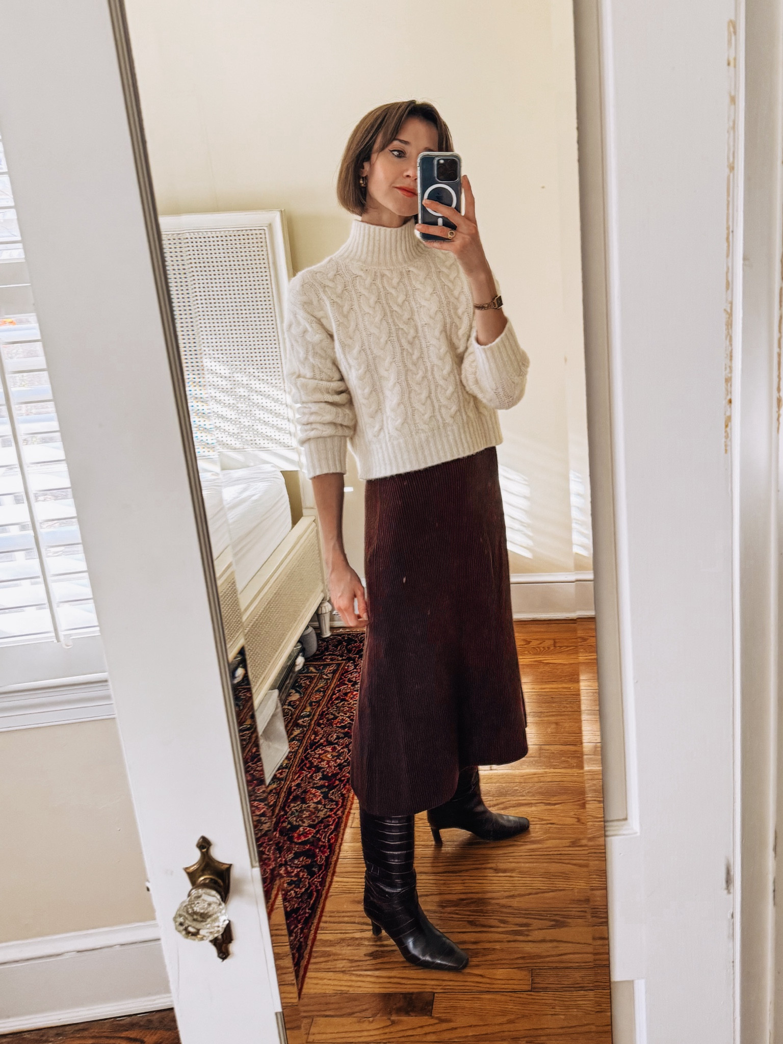 Cozy (stretchy) knits for Thanksgiving - a white cableknit sweater & chocolate ribbed skirt with knee high boots. 

#LTKHoliday #LTKSaleAlert #LTKOver40