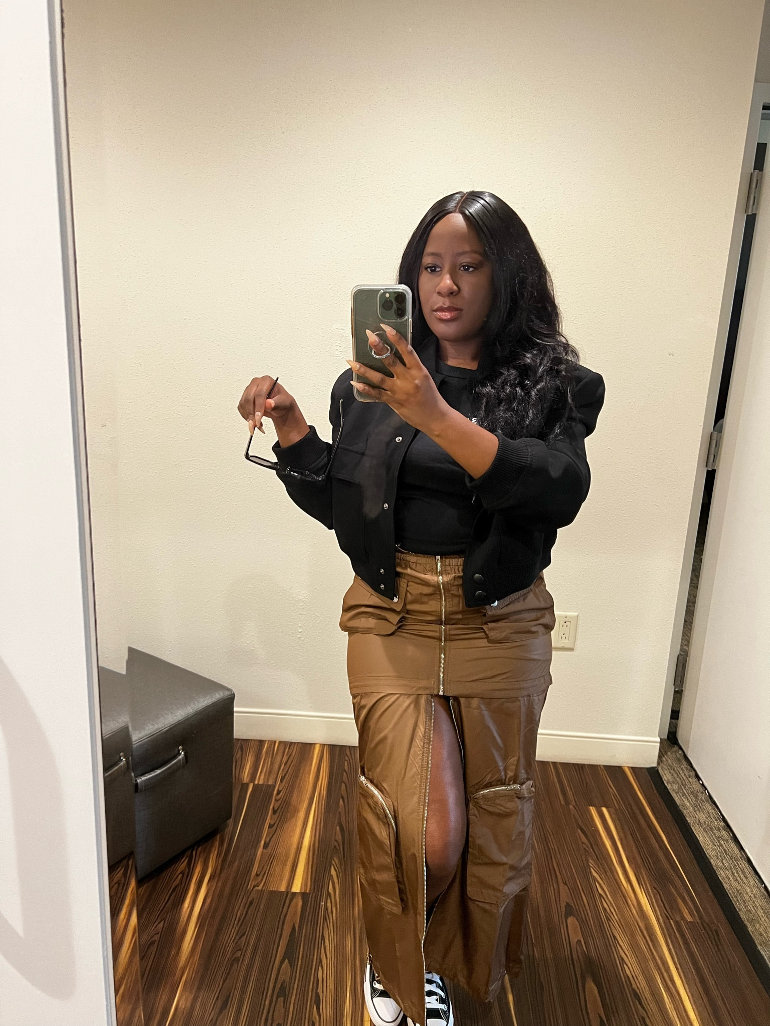 Black bomber jacket // black tee shirt // brown cargo midi skirt // black converses // Fall Outfits // Fall Shoes


#LTKSeasonal #LTKshoecrush #LTKstyletip