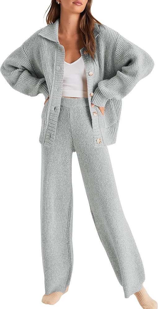 Cakulo Womens 2024 Lounge Sets 2 Piece Outfits Fall Button Sweater Matching Set Wide Leg Loungewe... | Amazon (US)