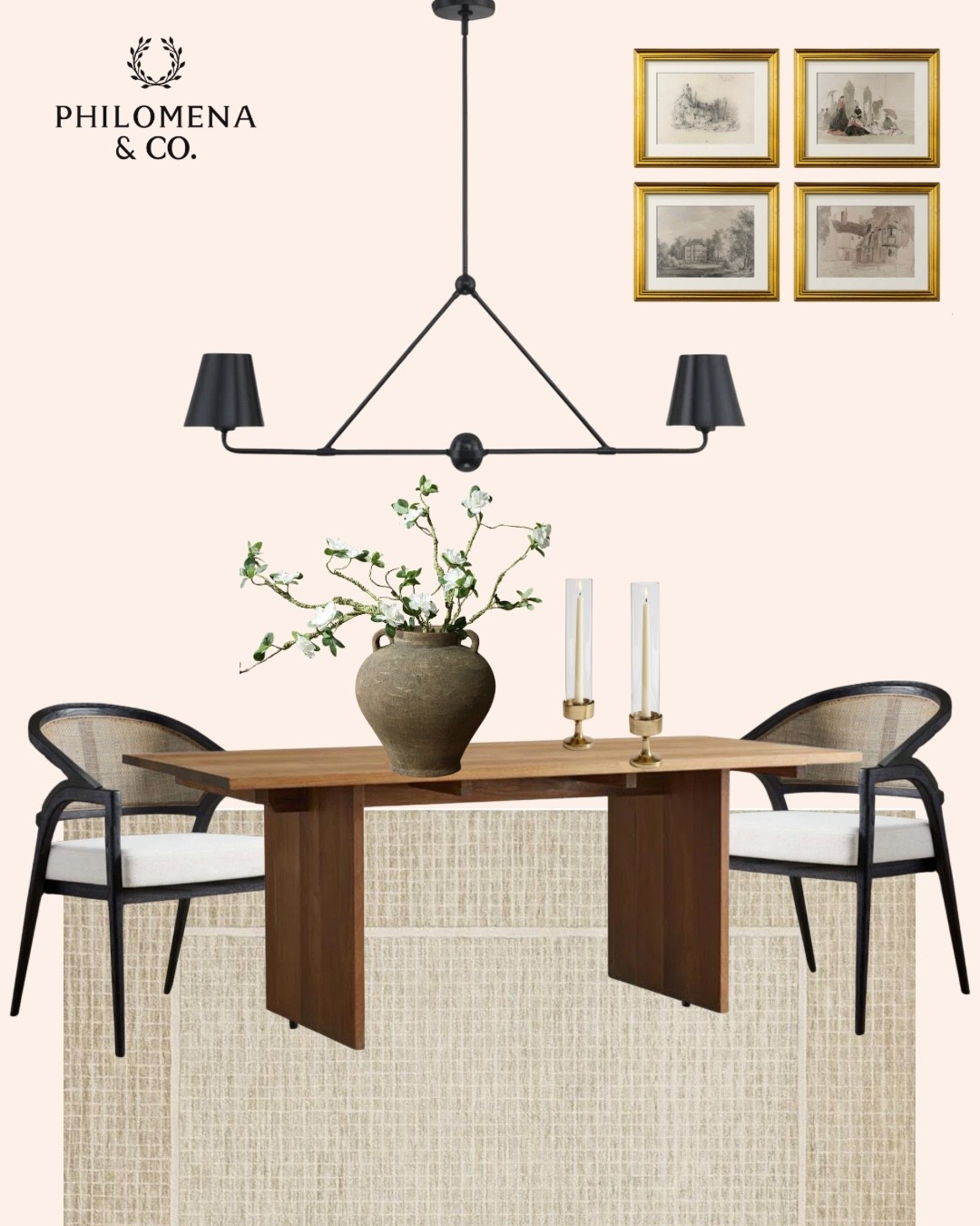 modern dining room ideas, curated dining room style, dining room mood board, neutral dining room decor, elegant dining room inspiration, timeless dining room setup, modern classic dining room, farmhouse dining room design, designer dining room furniture, minimalist dining room style, round dining table styling, cane dining chairs, wood dining table setup, cozy dining room vibes, natural textures home decor, earthy tone interiors, curated home design, vintage wall art, decorative lighting fixture, textured rug dining room, , modern home, neutral home, #HomeStylingInspo, #InteriorStylingIdeas, #CollectedHome, brown dining room, black dining chairs, dining room chairs, linear chandelier, wall art, vintage wall art, area rug 