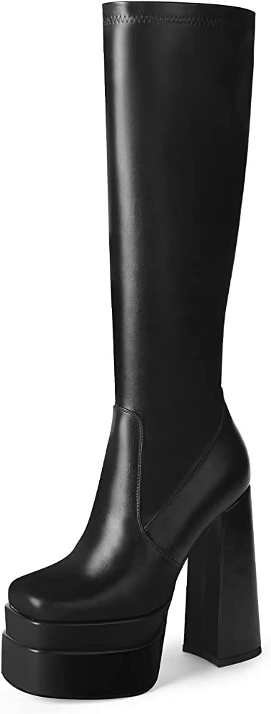 wetkiss Stacked Platform Knee High Boots for Women, Chunky High Heeled Black PU Leather Boots Squ... | Amazon (US)