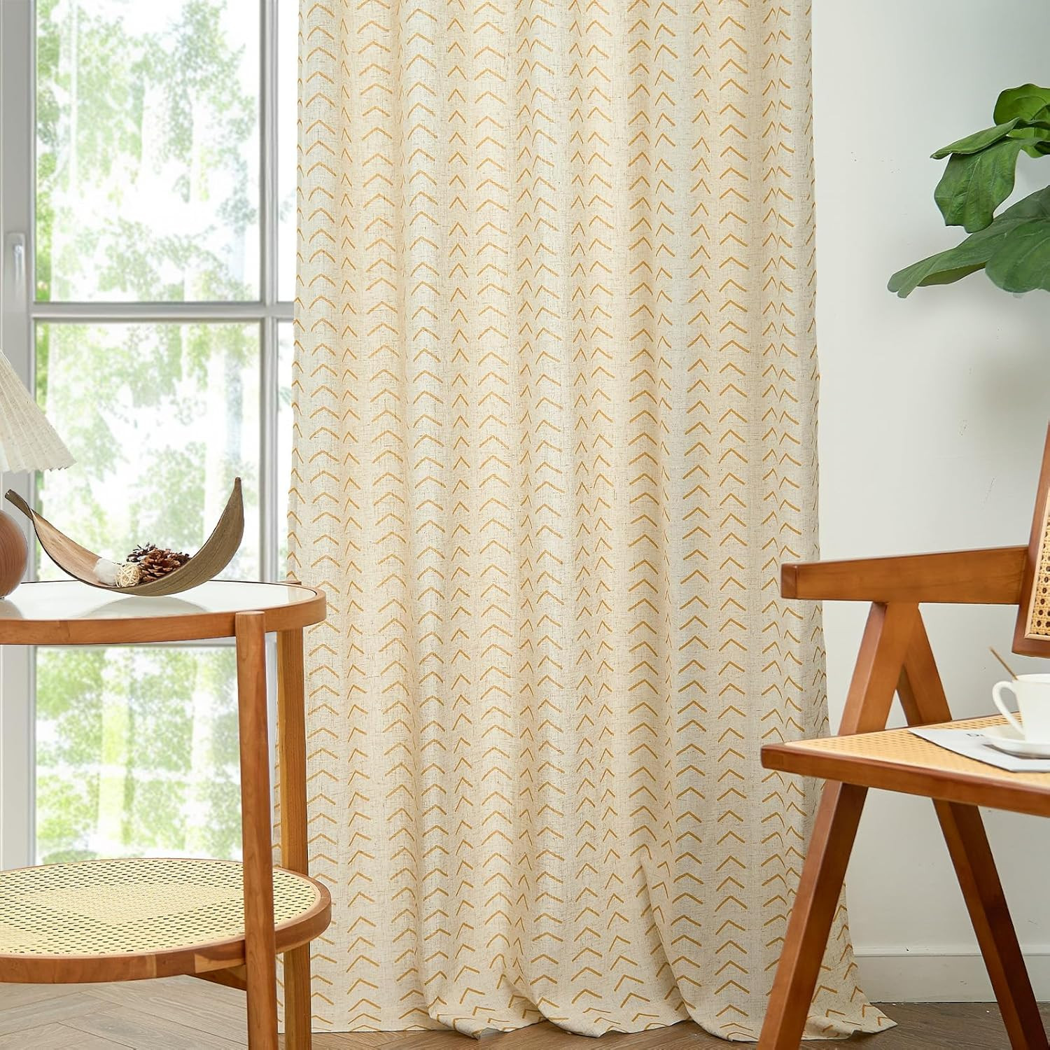 JINCHAN Printed Linen Curtains, 96 Inches Long 2 Panels Boho Curtains for Living Room, Yellow Fla... | Amazon (US)