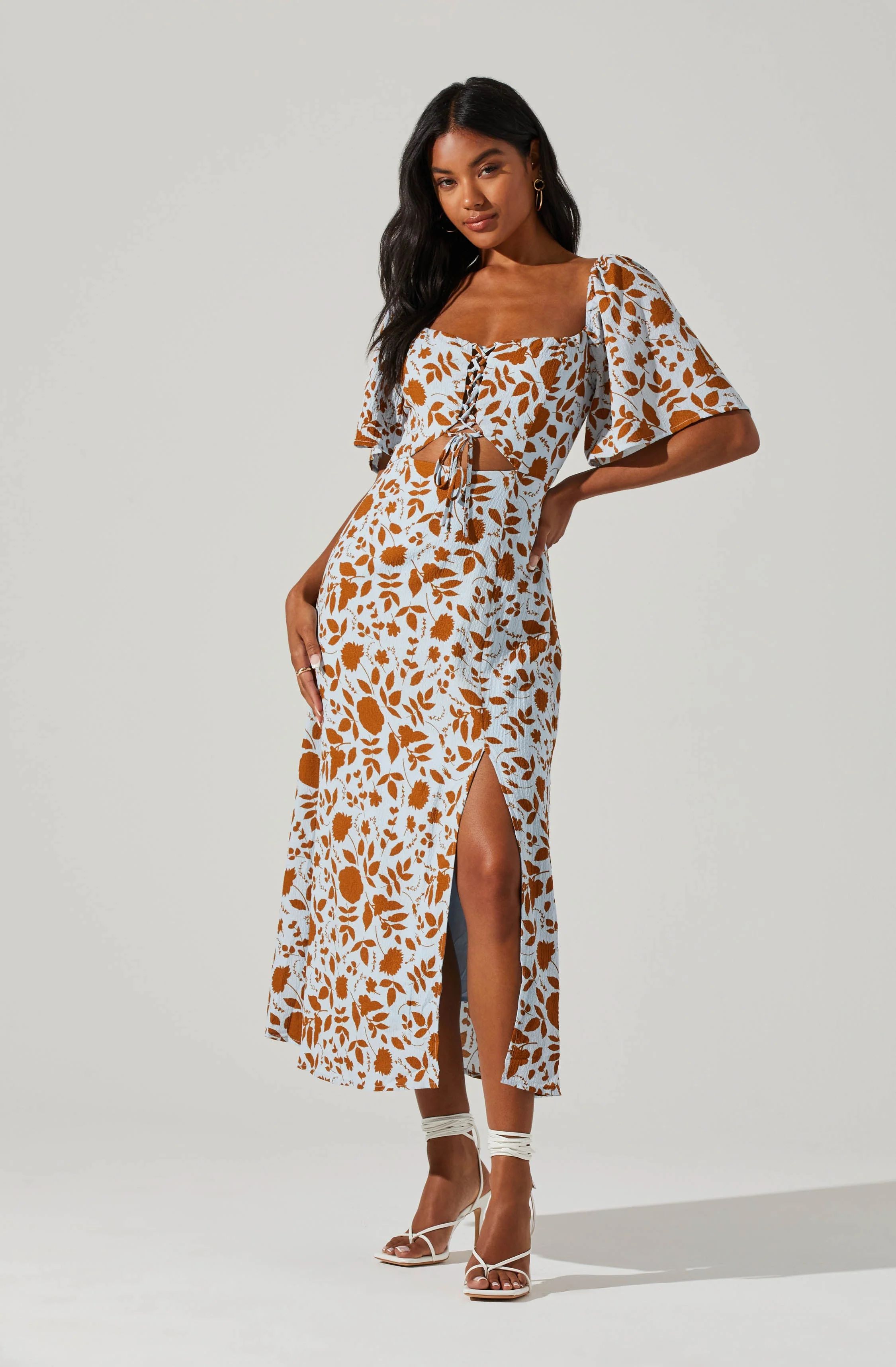 Lace Up Flutter Sleeve Cut Out Midi Dress | ASTR The Label (US)