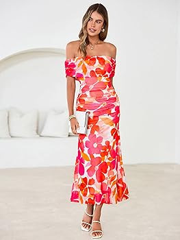 Simplee Womens Summer Floral Off Shoulder Maxi Dress 2026 Spring Ruched Bodycon Formal Wedding Gu... | Amazon (US)