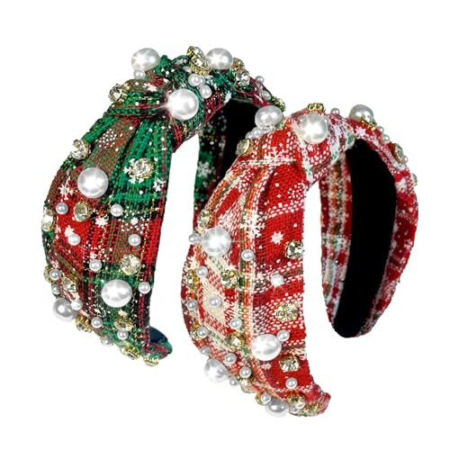 Christmas Headbands for Women Pearl Rhinestone Knot Headband Xmas Crystal Jeweled Hair Band Bow Wide Top Knotted Headband Christmas Hair Accessories Holiday Party Outfits(Snowflake Plaid) | Amazon (US)