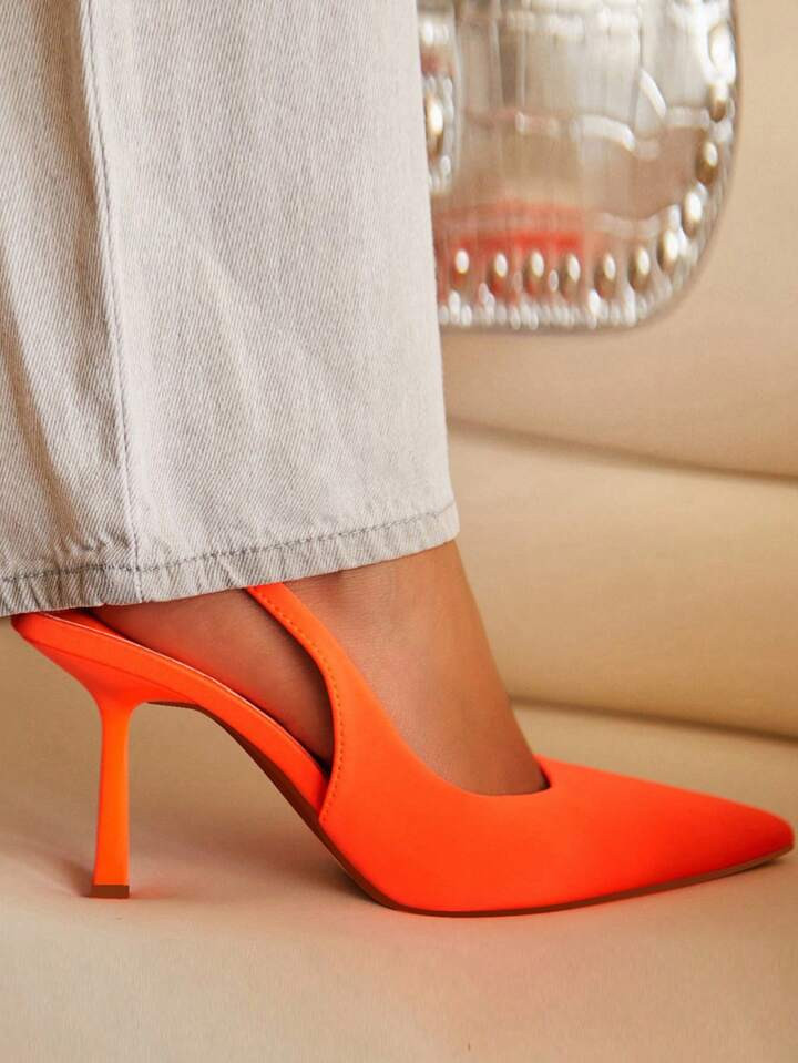 Women Slingbacks, Elastane Point Toe Stiletto Heeled Funky Pumps Neon Orange | SHEIN