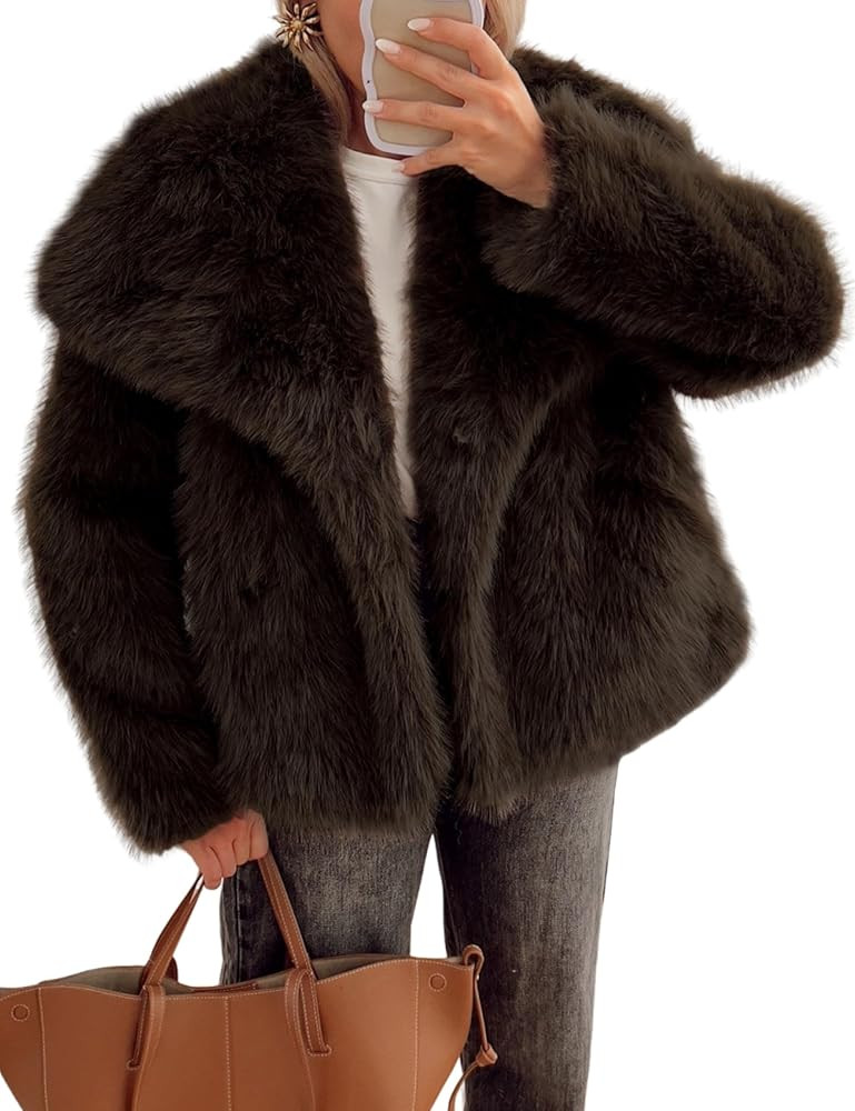 Abrigo de piel sintética para mujer, chaqueta lanuda mullida para invierno, manga larga, cálida... | Amazon (US)