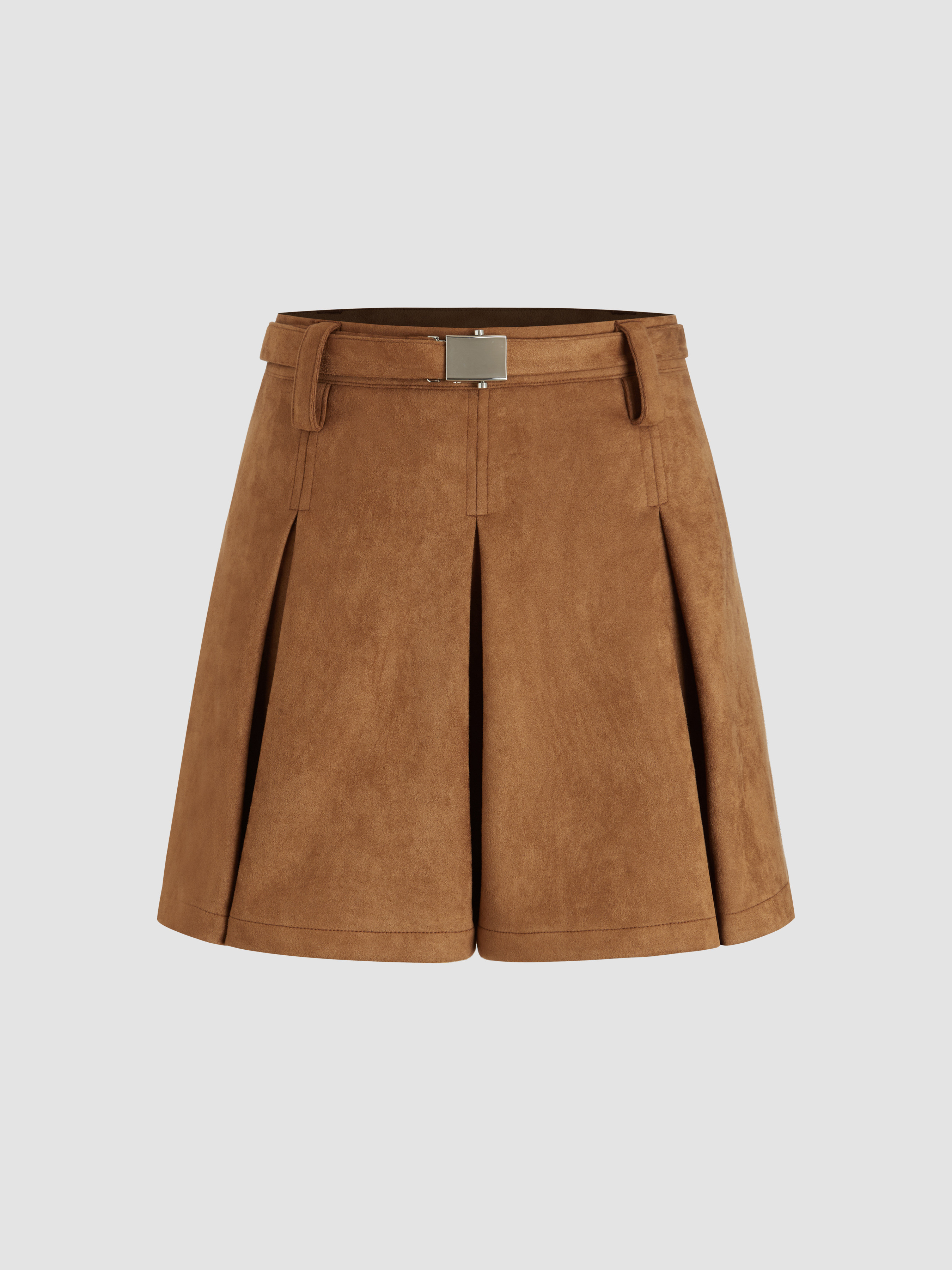 Suede Suede Mid Rise Pleated Mini Skirt With Belt For Vacation | Cider