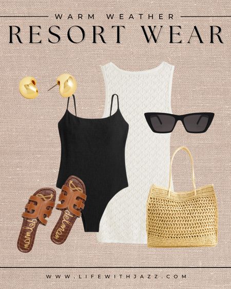 Resortwear inspo from Abercrombie 🖤

Cover up  / swimsuit / one piece / sandals / gold earrings / straw bag / sunglasses / chic / vacation / beach / travel outfit 

#LTKSpringSale #LTKstyletip