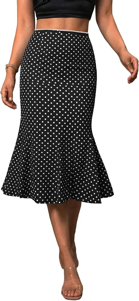 Emmiol Polka Dot Midi Skirt for Women - Elastic Mid-High Waisted Flowy Hem Satin Mermaid Skirts C... | Amazon (US)
