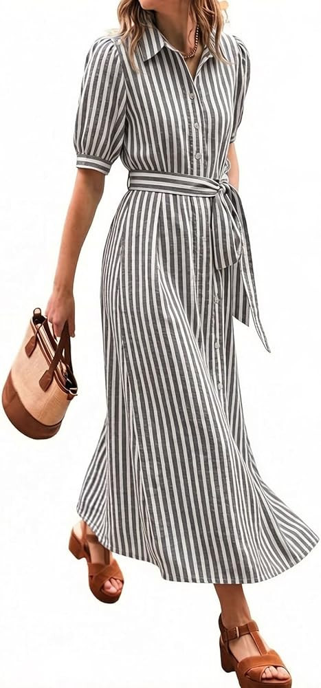 CHARTOU Women\u2019s Striped Shirt Dress Summer Casual Puff Short Sleeve Button Down Midi Dresses... | Amazon (US)