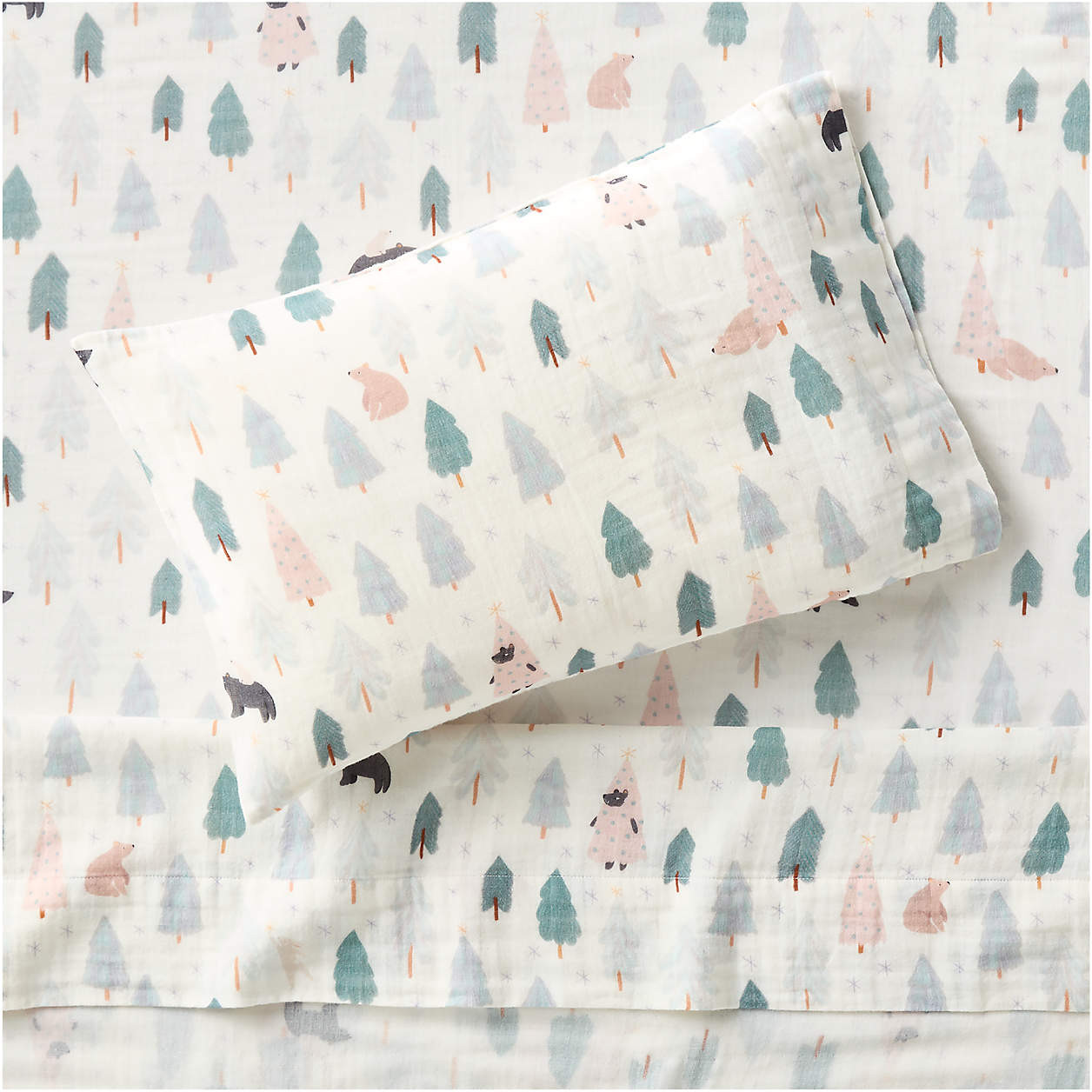 Supersoft Snow and Seek 100% Organic Cotton Gauze Toddler Sheet Set + Reviews | Crate & Kids | Crate & Barrel