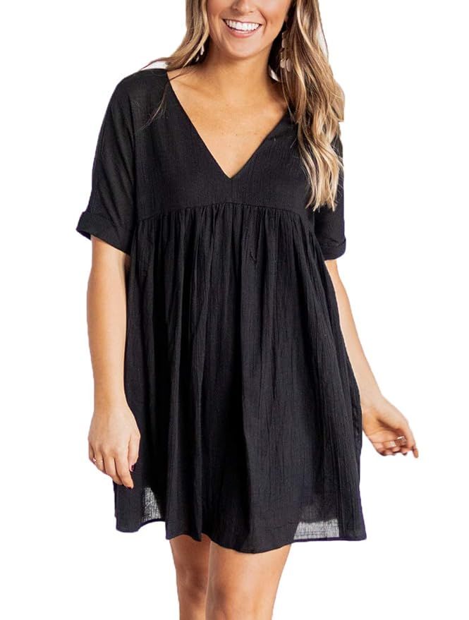 YIBOCK Women's Short Sleeve V Neck Pleated Loose Babydoll Solid Color Tunic Mini Dress | Amazon (US)