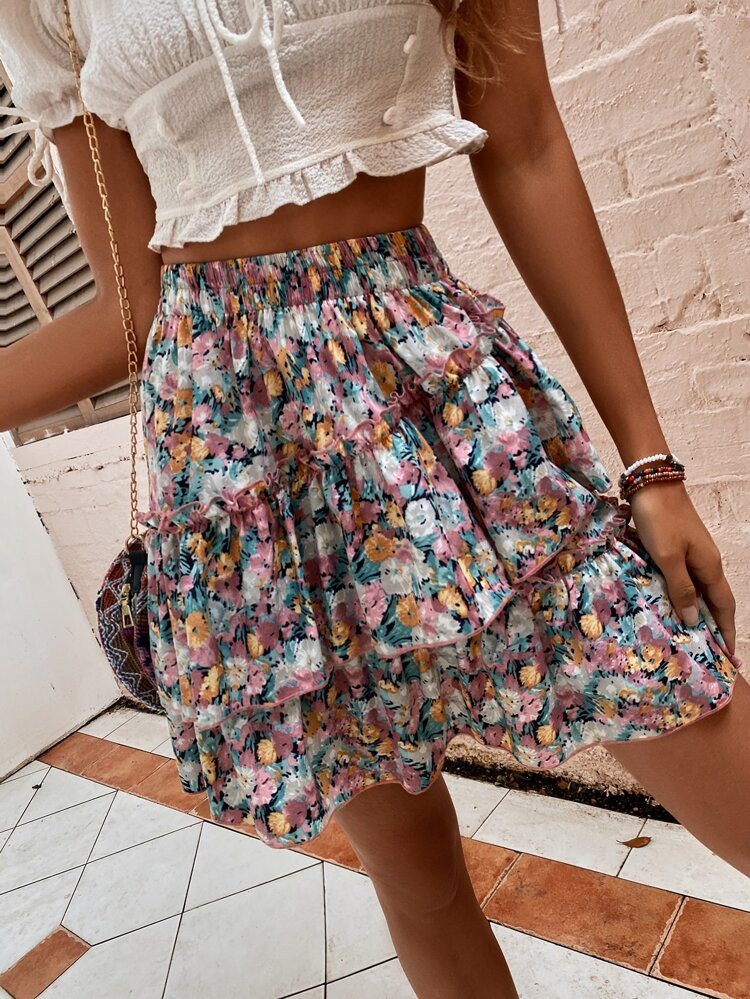 Floral Print Frill Ruffle Hem Skirt | SHEIN