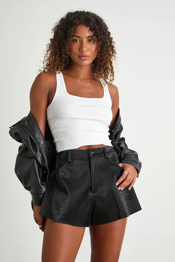 Yvaine Black Vegan Leather Crocodile-Embossed Shorts | Lulus
