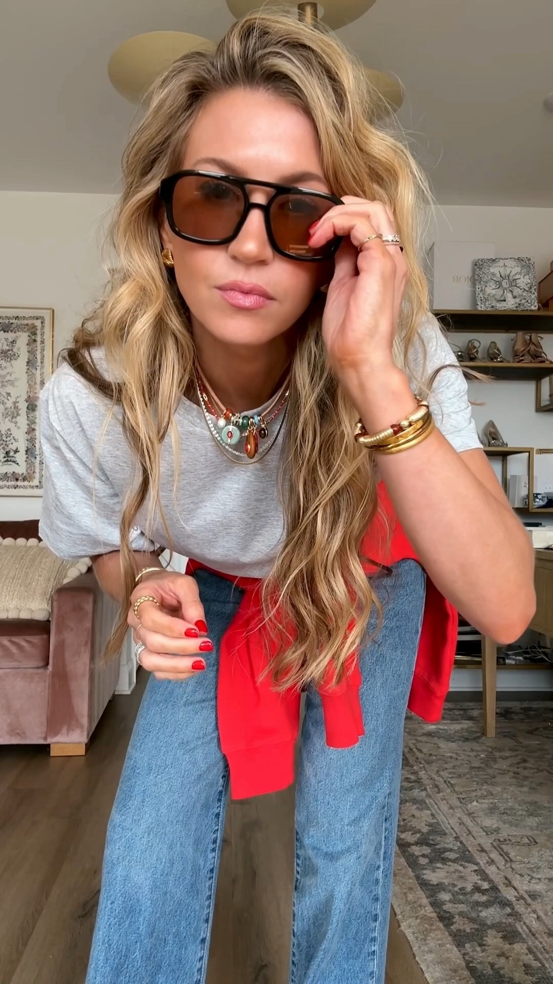 Casual tee and jeans styled. ￼

Grey tee: TTS, I size up to a medium for an oversized fit. 
Farah jeans: TTS, wearing a 25
Red crewneck sweatshirt: runs small, size up two sizes for an oversized fit, wearing a large
Black flip-flops: runs slightly small

#LTKootd #LTKgrwm #LTKdayinmylife