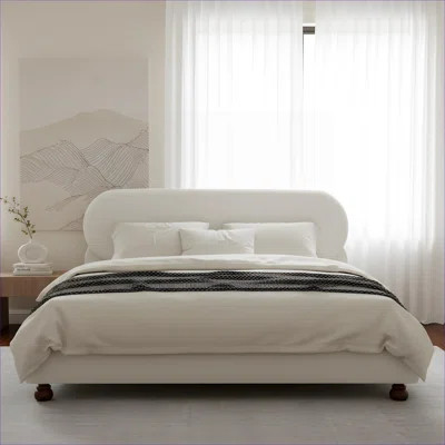 Bedroom King Size Upholstered Bed Luxury Boucle Fabric White Finish Solid Rubber Wood Frame | Wayfair North America