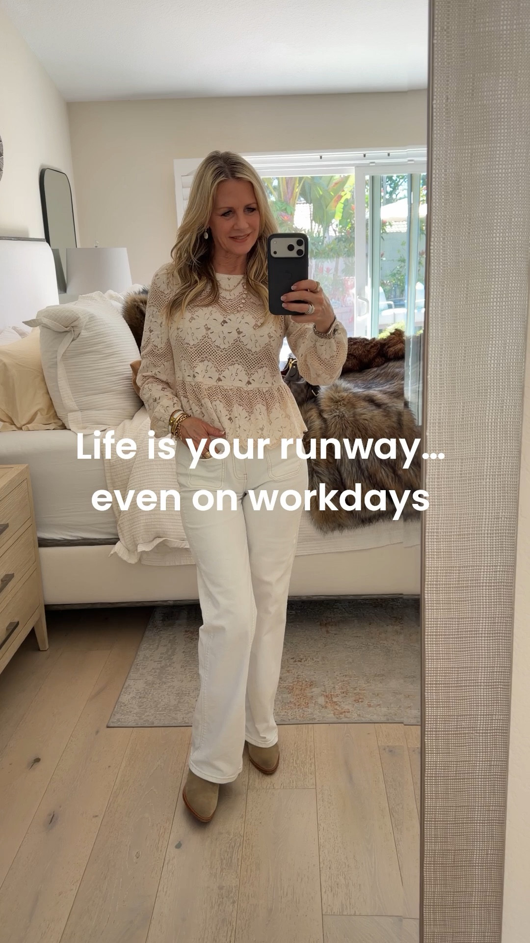 OOTD 🤍 Lace peplum top + Pilcro wide leg jeans = the perfect elevated everyday look. Neutral outfit ideas, feminine style, and effortless workwear at Anthropologie. 

#LTKdayinmylife #LTKootd #LTKOver40