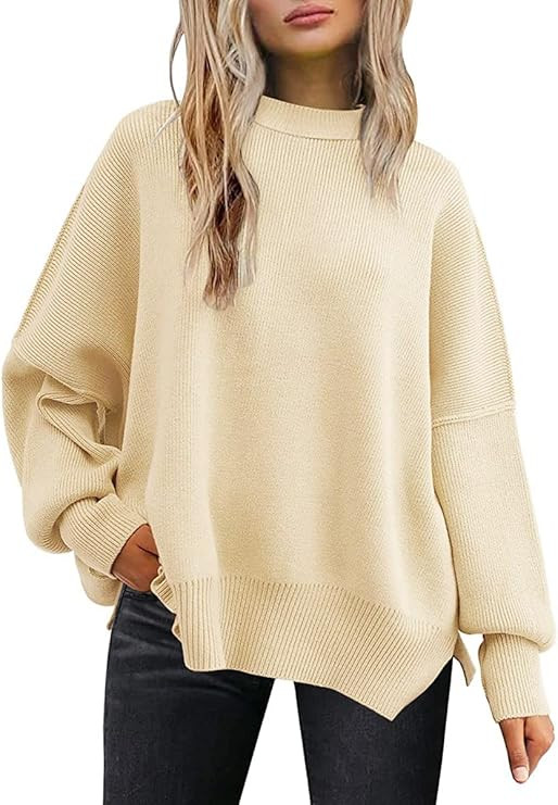 LILLUSORY Women's Crewneck Batwing Long Sleeve Sweater 2023 Fall Oversized Ribbed Knit Side Slit ... | Amazon (US)
