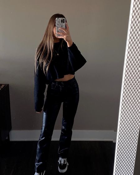 all black outfit, faux leather pants, abercrombie pants, abercrombie leather pants, outfit inspo, style inspo, chic style, edgy style 