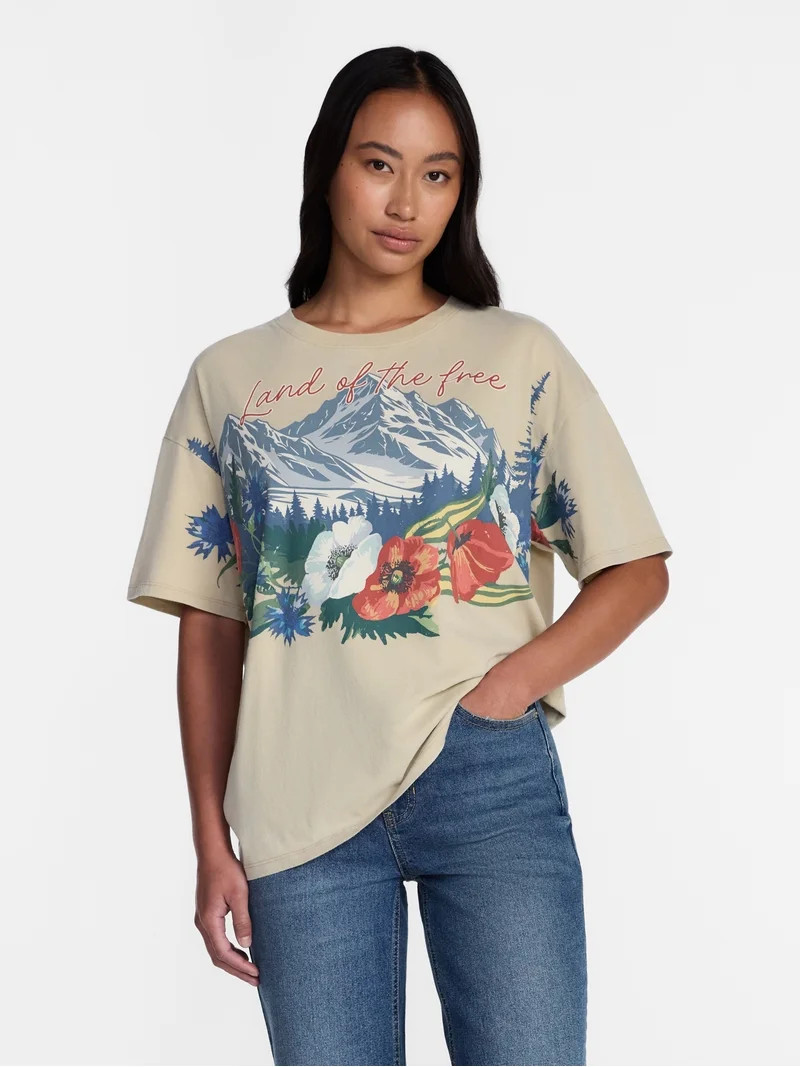 Americana Landscape Women's Graphic Cotton Tee with Short Sleeves from Way to Celebrate, Sizes XX... | Walmart (US)