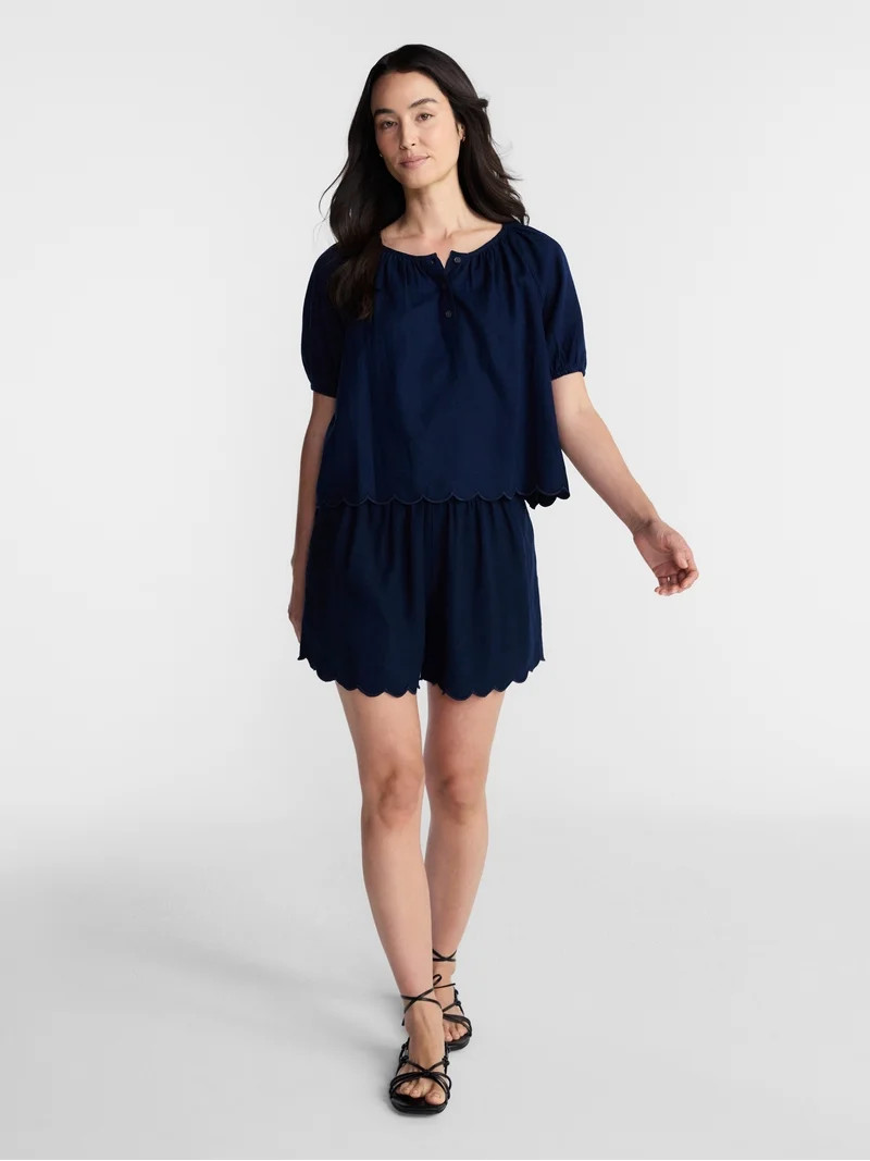 Time and Tru Women's Linen Blend Shorts with Scalloped Hem, Sizes XS-XXXL | Walmart (US)