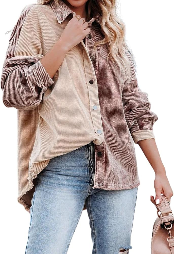 UANEO Womens Colorblocked Corduroy Shacket Long Sleeve Button Down Shirt Jacket Tops | Amazon (US)