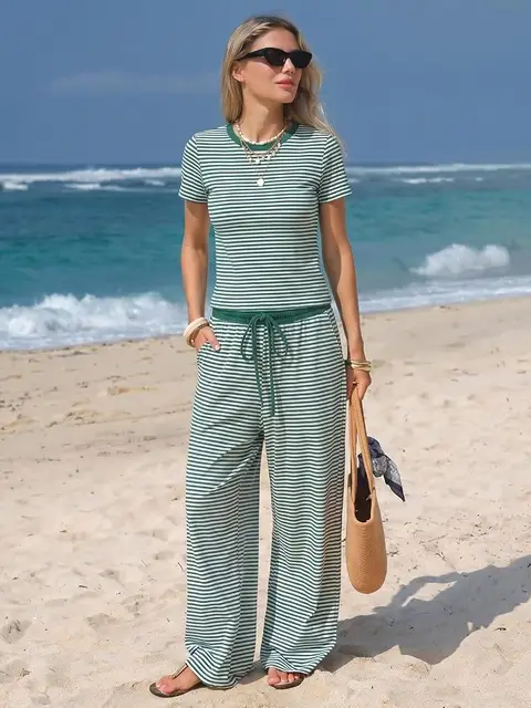 Striped, Short Sleeve Tops, Drawstring Wide Leg Sweatpants, Pockets, Loungewear, Comfy Pajama Set...
